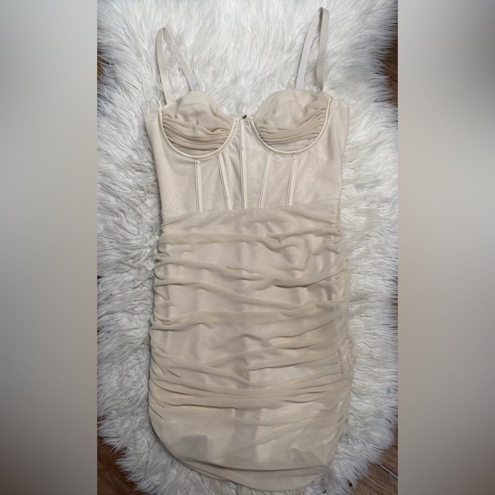 Oh Polly Cream Ruched Corset Bodycon Mini Dress Logo Straps UK 8 US 4